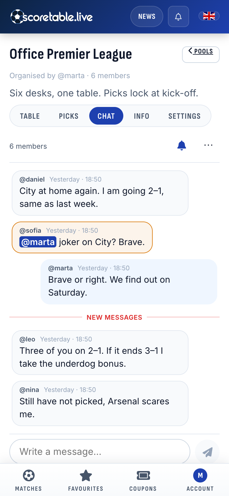 The pool chat before matchday 8: who went 2–1, and who has not picked yet