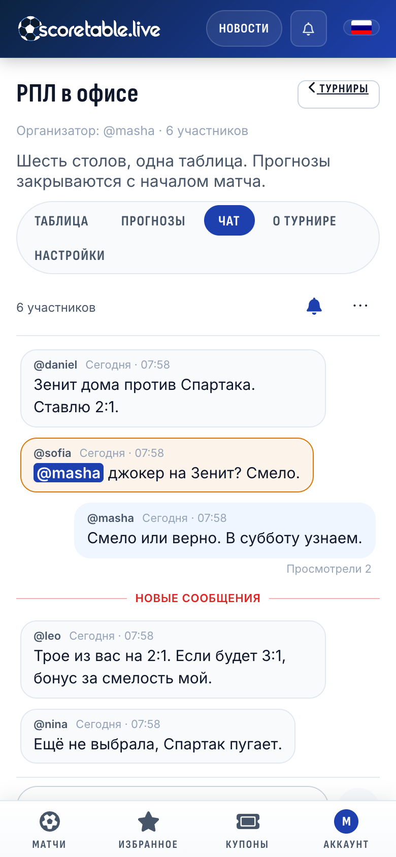 Чат турнира перед 12-м туром: кто ставит 2:1 в матче Zenit — Spartak, а кто ещё не сделал прогноз