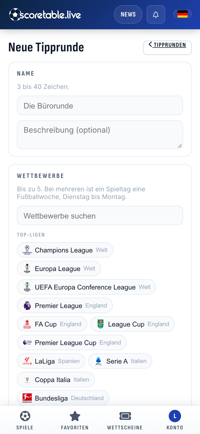 Eine neue Tipprunde anlegen: Name und Beschreibung, darunter bis zu fünf Wettbewerbe aus den Top-Ligen