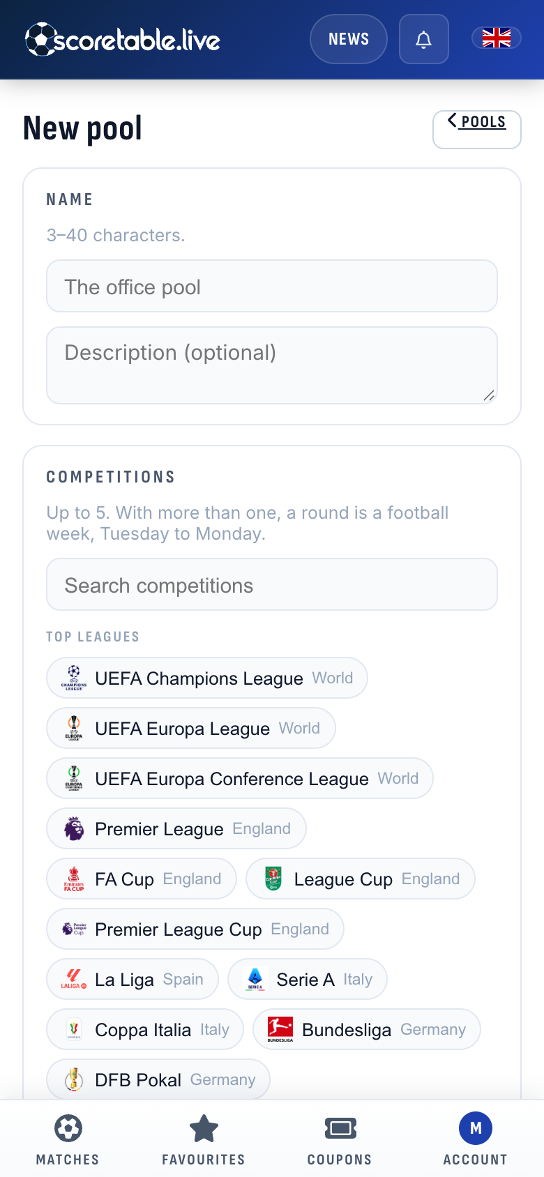 Creating a pool: a name, a description, then up to five competitions