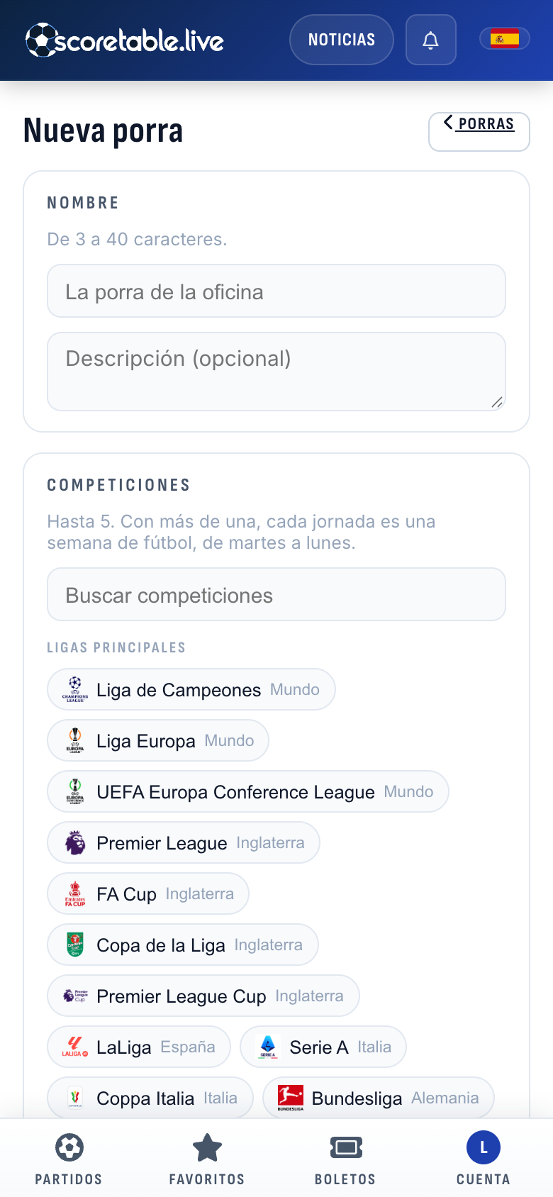 Nueva porra: un nombre, una descripción y, después, hasta cinco competiciones