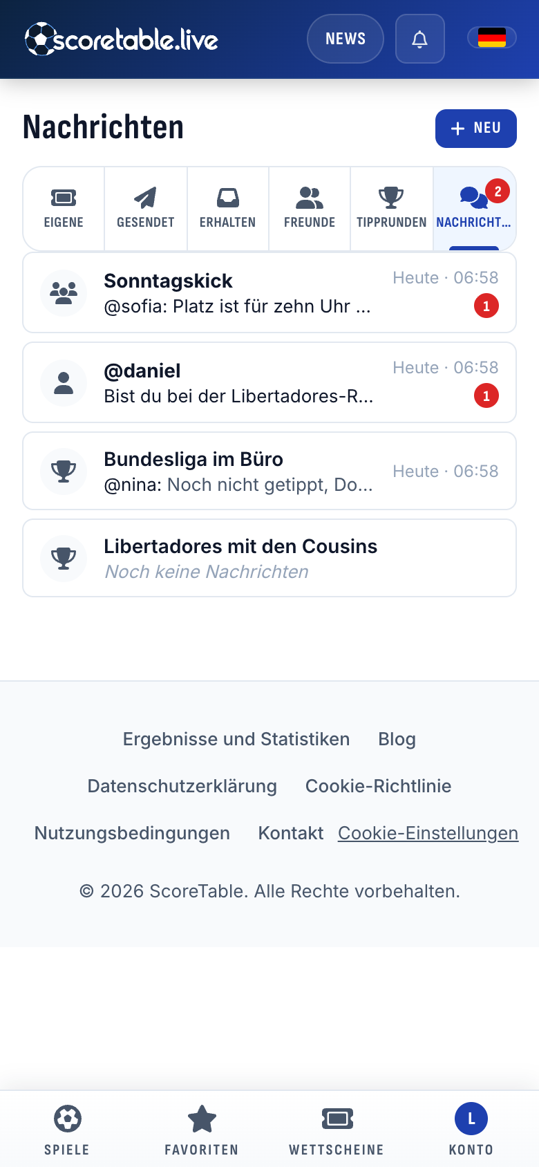 Nachrichten: die Gruppe Sonntagskick, eine Direktnachricht von @daniel und die Chats der Tipprunden „Bundesliga im Büro“ und „Libertadores mit den Cousins“ in einem Posteingang