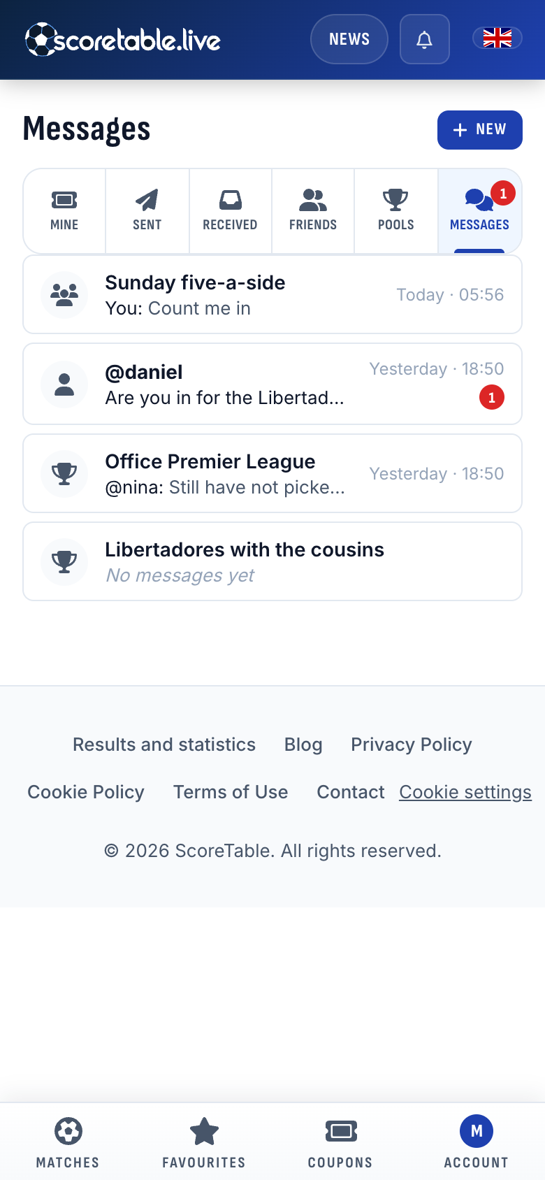 Messages: a group, a direct message and two pool chats in one inbox