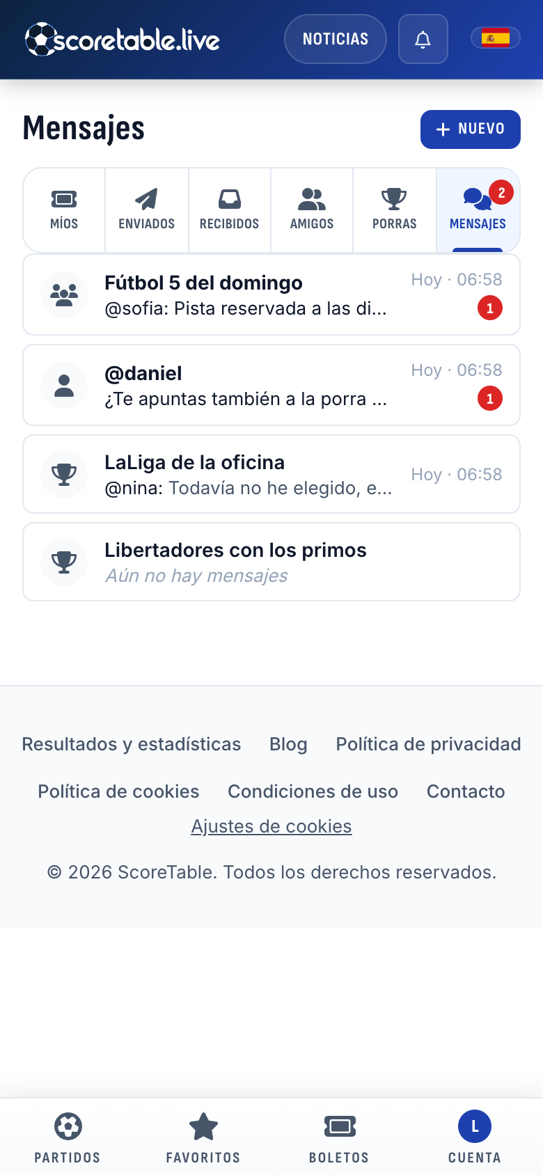 Mensajes: el grupo del fútbol del domingo, un mensaje directo de @daniel y los chats de dos porras en una sola bandeja