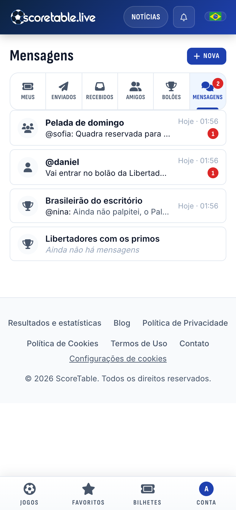 Mensagens: o grupo Pelada de domingo, uma mensagem direta de @daniel e os chats de dois bolões numa só caixa de entrada