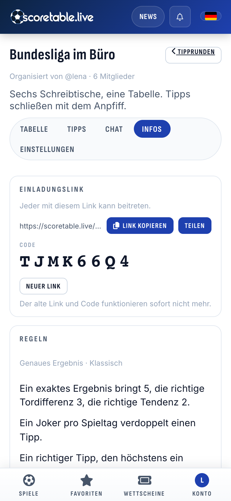 Der Reiter Infos von „Bundesliga im Büro“: Einladungslink und Code, darunter die Regeln in einfachen Worten