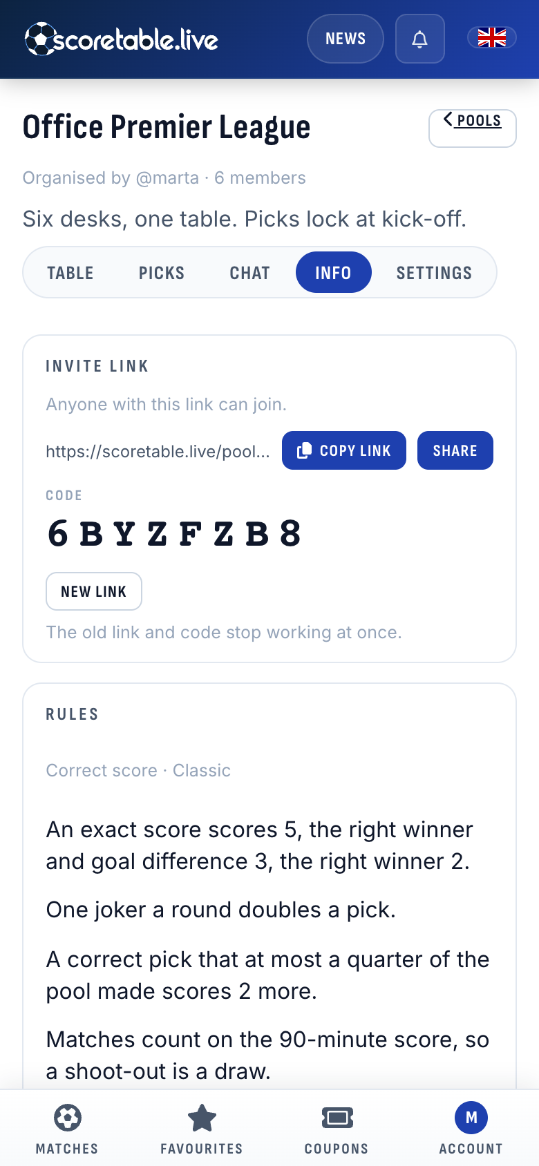 The Info tab: the invite link and code, and the rules in plain words