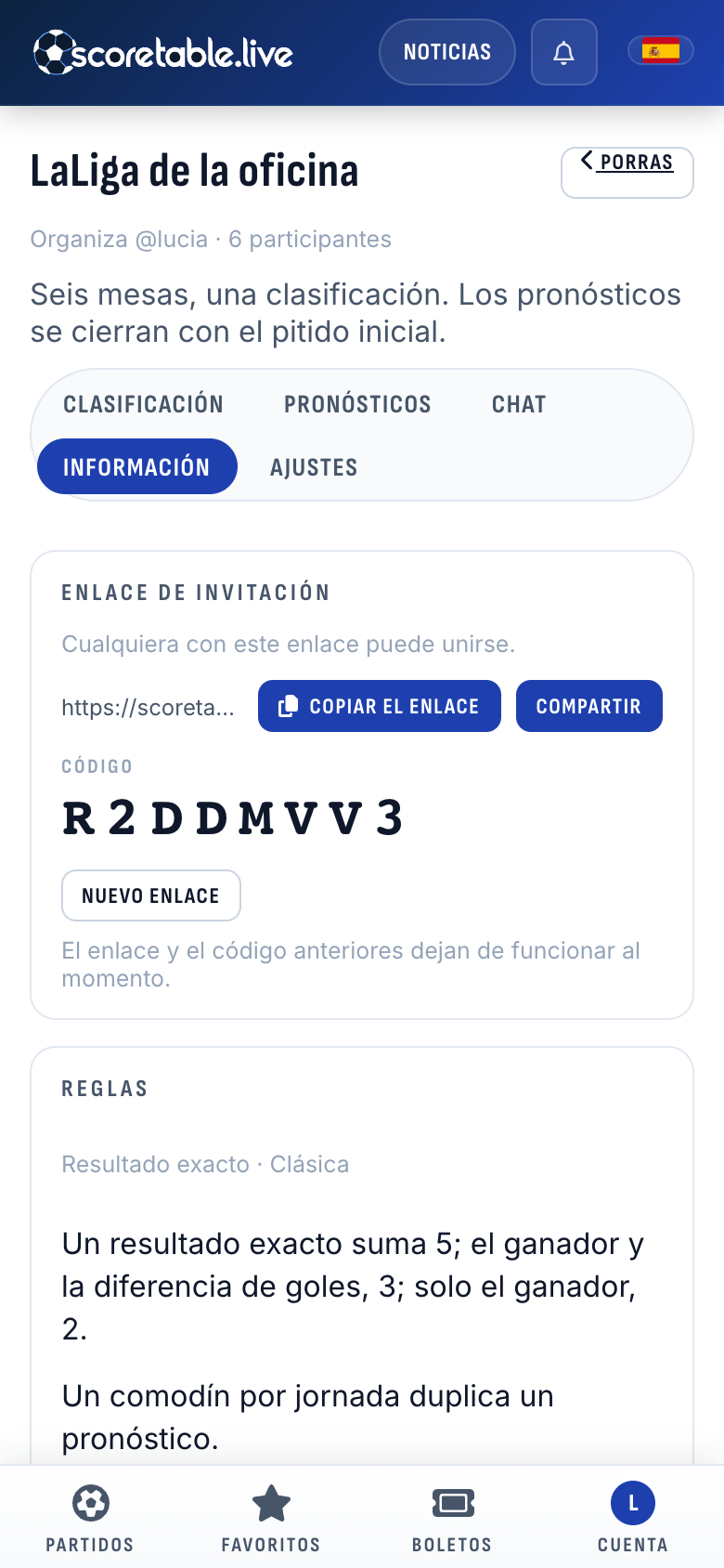 La pestaña Información: el enlace de invitación, el código y las reglas en palabras sencillas