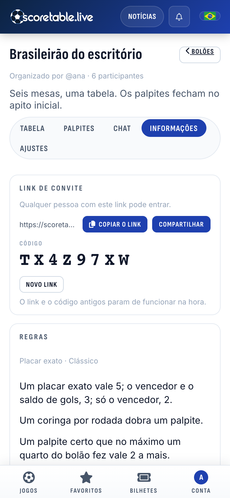 A aba Informações: o link de convite, o código e as regras em palavras simples