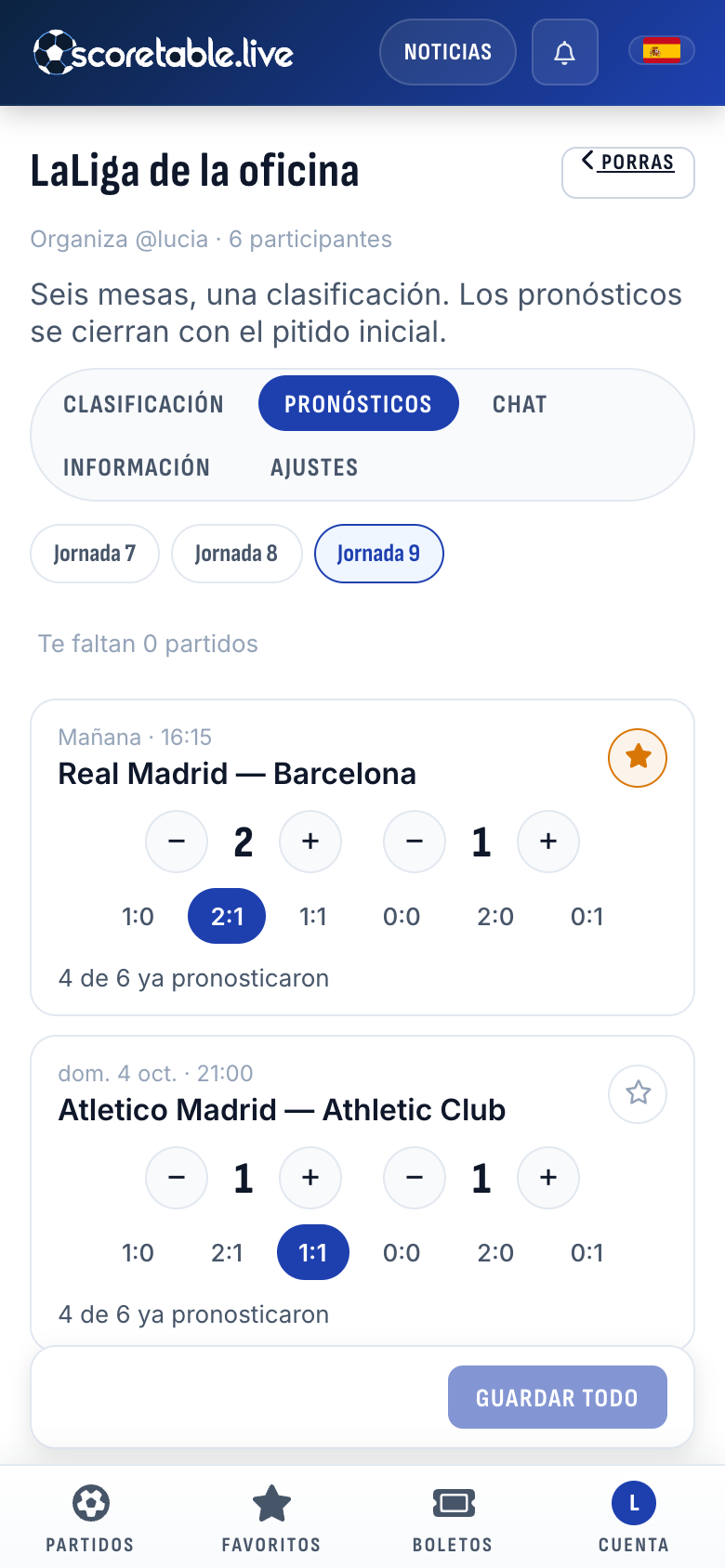 Pronósticos de la jornada 9: 2–1 en el Real Madrid – Barcelona con el comodín y 1–1 en el Atlético de Madrid – Athletic Club