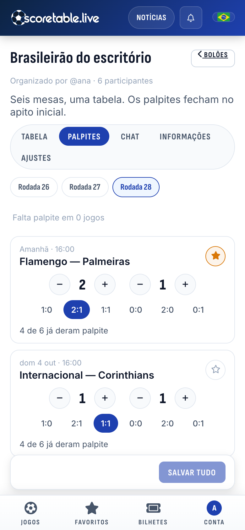 Palpites da rodada 28 no Brasileirão do escritório: 2 x 1 para o Flamengo contra o Palmeiras com o coringa, 1 x 1 entre Internacional e Corinthians