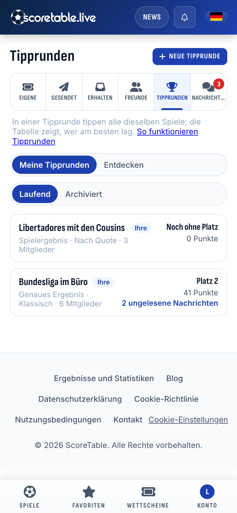 Die Seite Tipprunden: „Bundesliga im Büro“ und „Libertadores mit den Cousins“, jeweils mit Ihrem Platz und Ihren Punkten, dazu zwei ungelesene Nachrichten in der Büro-Runde
