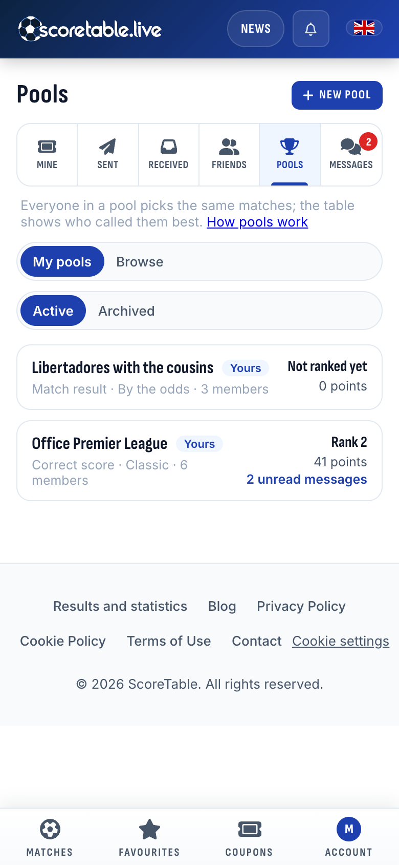 The Pools page: each pool with your rank, your points and its unread messages