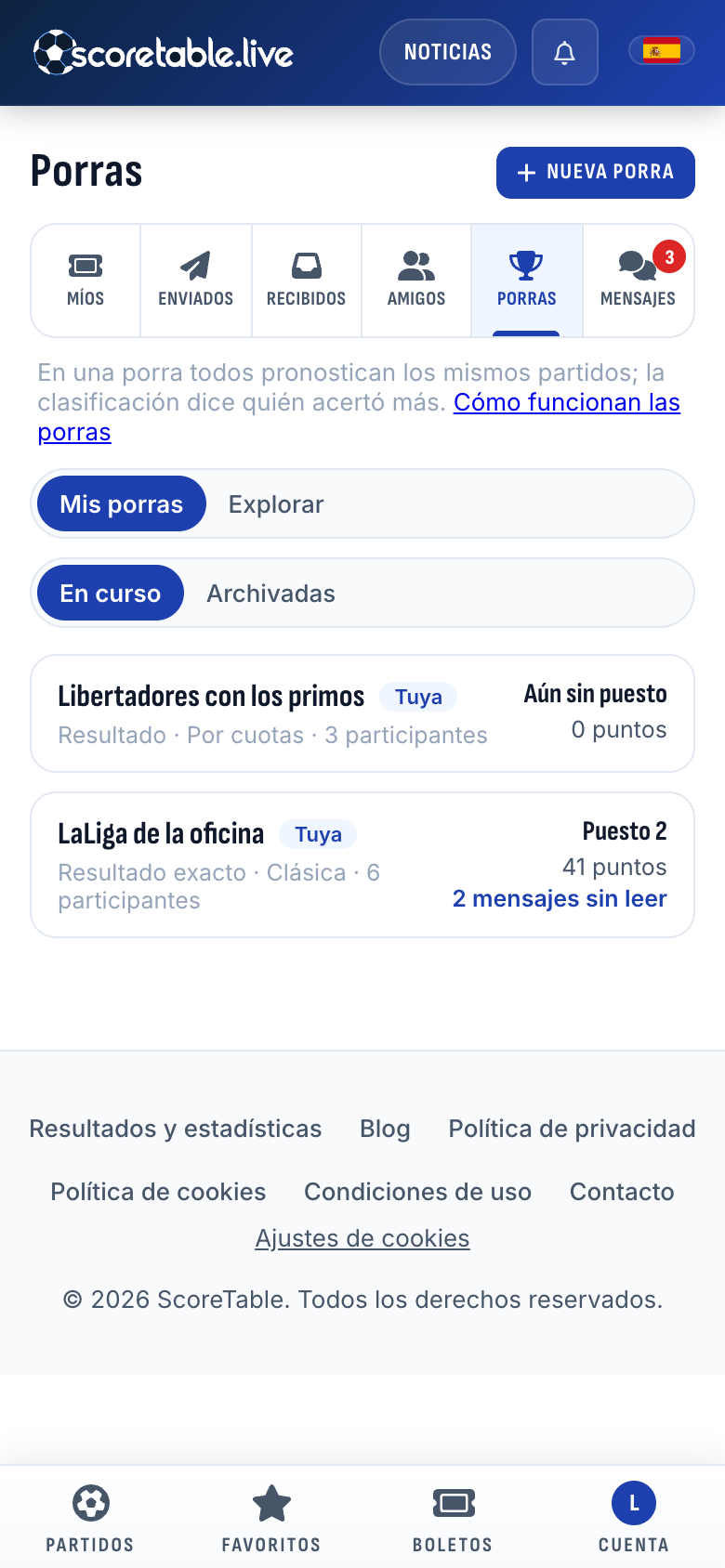 La página Porras: «Libertadores con los primos» y «LaLiga de la oficina», cada una con tu puesto, tus puntos y sus mensajes sin leer