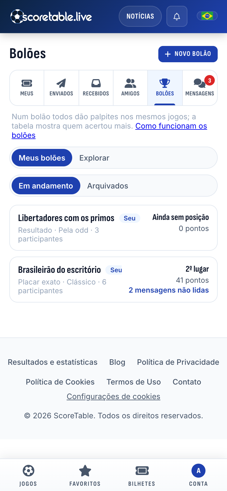 A página Bolões: o Brasileirão do escritório e a Libertadores com os primos, cada um com a sua posição e os seus pontos, e duas mensagens não lidas no bolão do escritório